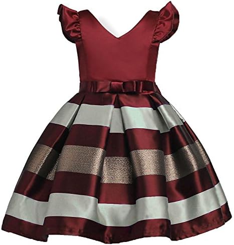 AOWEER Girls Dresses Tops Stripe Party Clothes Dress Vintage Elegant Beach Sundress # Wine Red 130