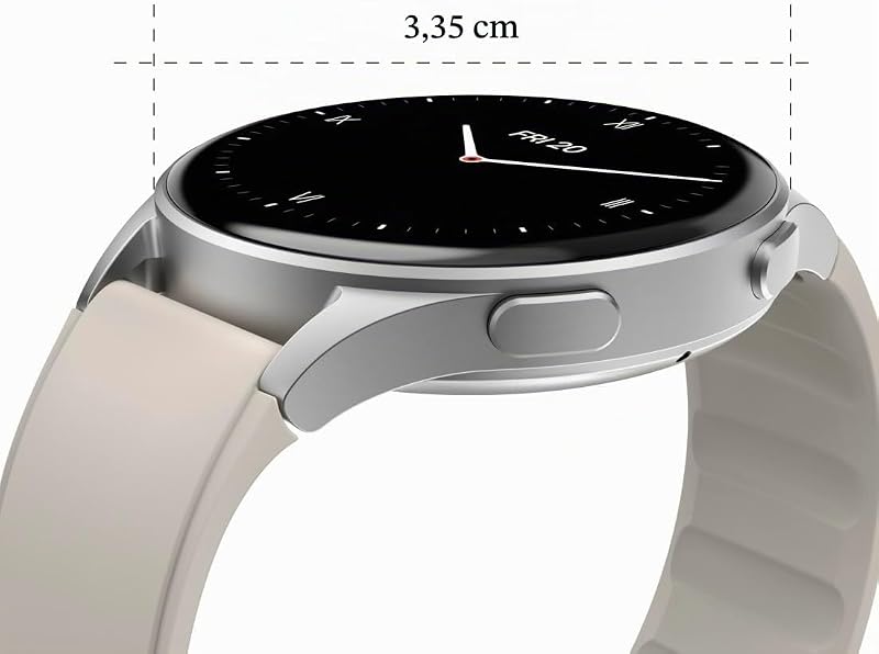 | Smartwatch 8900 (smartwatch, com GPS, ecrã tátil Amoled, relógio desportivo, permite chamadas mãos-livres) de cor prateada e bege.