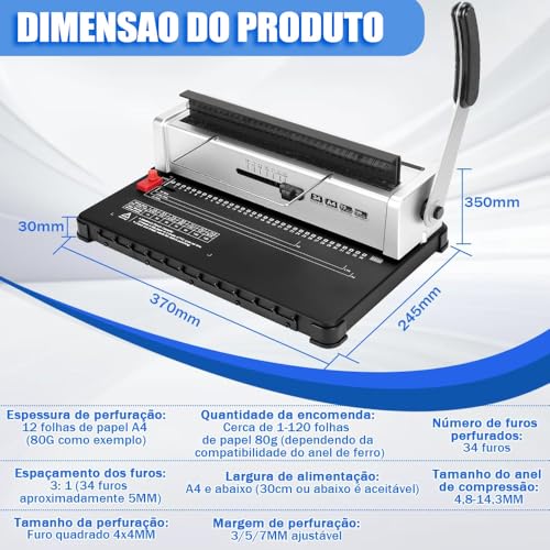 34 Furos Design ajustável Máquina de Encadernação, Encadernadora, Encadernadora Perfuradora, Encadernadora Perfuradora para Espiral, Encadernadora Perfuradora Manual, Suporte para Papel A4 E A5