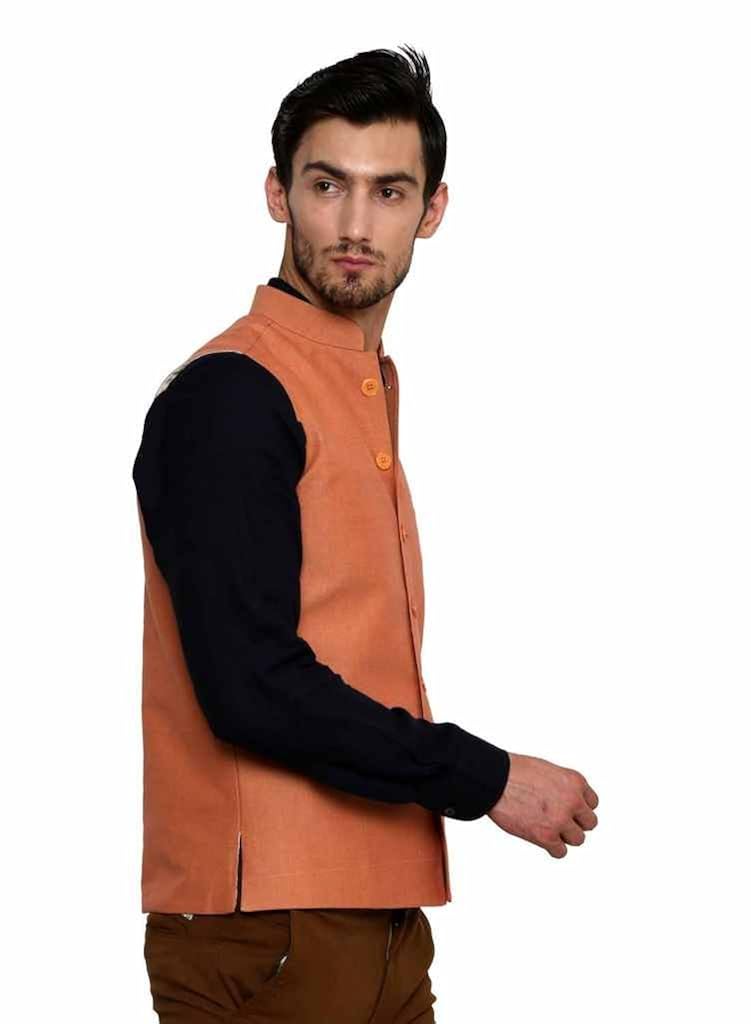 dhrohar khadi cotton peach chinese collar waistcoat for men