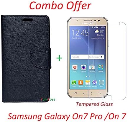 YuniKase (COMBO OFFER ) for SAMSUNG GALAXY ON 7 PRO /ON 7- Wallet Flip Case cover Case - (Black) + Premium Tempered Glass Mobile Screen Protector - (Transparent) By YuniKase