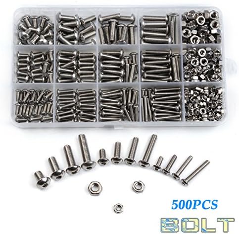Urlwall 500 Pcs M3 M4 M5 Button Hex Socket Head Cap Screws Bolts and Nuts Assortment Kit, 304 Stainless Steel Metric Allen Hex Drive, Machine Grade Thread Set Screw and Nut Fastener with Box
