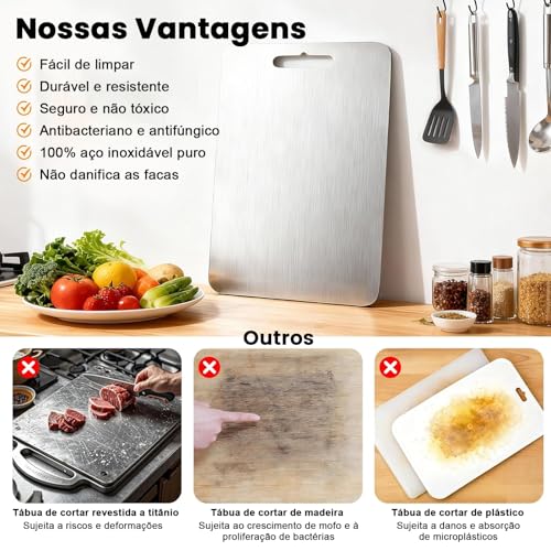 Tábua de Cortar em Aço Inoxidável 34 X 23 e 46 X 30 CM, Antibacteriana e Resistente À Deformação, Tábua de Cozinha Dupla Face, Adequada para Separar Carne e Vegetais