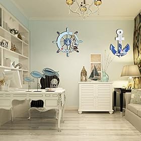 2 Pack 11" Nautical Beach Wooden Ship Wheel and 11" Wooden Anchor with Rope Nautical Boat Steering Wheel Rudder Anchor Wall Art Decor Door Hanging Ornament Beach Theme Home Decoration(White&Blue) 51671iGFfzL