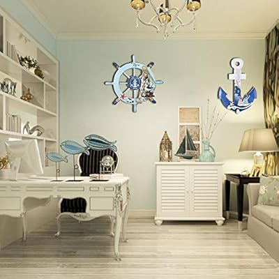 2 Pack 11" Nautical Beach Wooden Ship Wheel and 11" Wooden Anchor with Rope Nautical Boat Steering Wheel Rudder Anchor Wall Art Decor Door Hanging Ornament Beach Theme Home Decoration(White&Blue) 51671iGFfzL