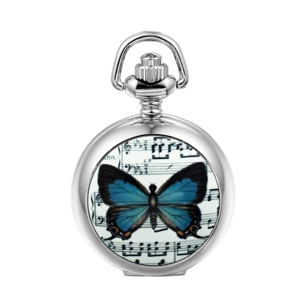 JewelryWe Music Note Butterfly Pendant Quartz Pocket Watch Necklace White Dial Arabic Numerals with 31.5" Chain