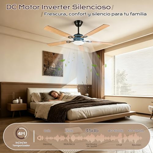 Ventilador de Techo con Luz 52"/132CM, Abanicos de Techo con Control Remoto, Doble Cara de Aspas, Motor DC Reversible, 6 Velocidades, 3CCT, Brillo Ajustable, Ideal para Sala Dormitorio Cocina Office