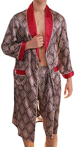 GOMY Men's Summer Pyjamas Luxurious Kimono Soft Satin Robe with Matching Shorts Nightgown Long-Sleeve Sleepwear Printed Bathrobes
