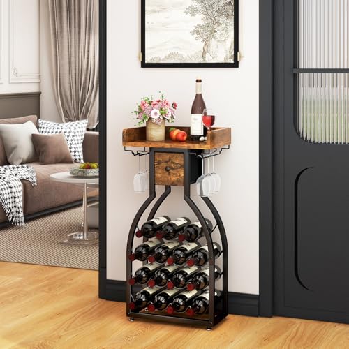 IBUYKE 15 Bottle Freestanding Wine Rack with Glass Holder and Storage Drawer, Mini Shelving Unit for Kitchen, Bar and Dining Room, Rustic Brown TMJ908H