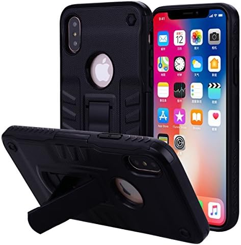 iPhone X Case, TOPBIN iPhone Case with Multi-Angle Stand 360 degree protection Hybrid Hard PC+ Soft Silicone Dual Layer 2 in 1 Impact Resistant Protective Cover Armor Cases for iPhone X (Black)