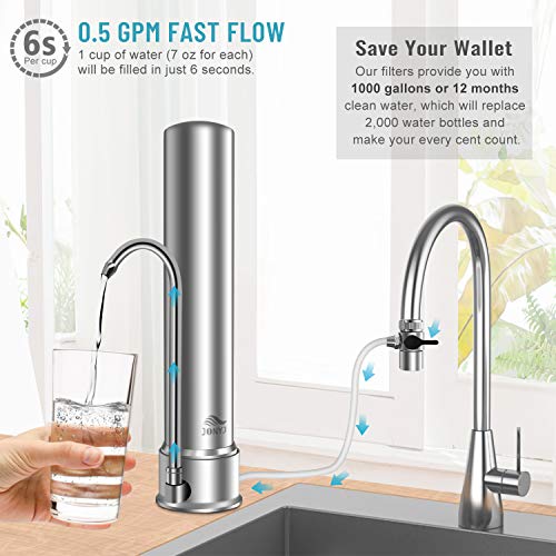 JONYJ Countertop Water Filter, 304 Stainless-Steel Faucet Water Filter, High Water Flow Tap Water Filter, Water Purifier with UF Filtration System Reduces Chlorine - Fits Standard Faucets - Thumbnail 2