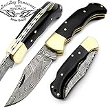 Black Micarta 6.5'' Handmade Damascus Steel Brass Bloster Folding Pocket Knife Back Lock 100% Prime Quality