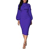 BestGirl Women's Bishop Sleeve Bodycon Dresses Work Casual Floral Print Pencil Midi Dresses