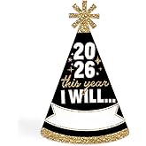 Big Dot of Happiness Hello New Year - Cone Party Hats - 2026 NYE Resolution Cone Party Hat For Kids And Adults - Set of 8 (Standard Size)