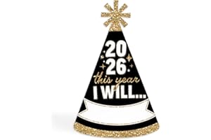 Big Dot of Happiness Hello New Year - Cone Party Hats - 2026 NYE Resolution Cone Party Hat For Kids And Adults - Set of 8 (Standard Size)