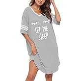KAMONG Sleep Shirts for Women Short Sleeve Cotton Novelty Night Shirts V Neck Oversized Nightgowns Cute Printed Nightdress