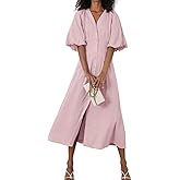 chouyatou Women Summer Puff Sleeve Button Down Shirt Dress Flowy Elegant Business Casual Midi Long Dress