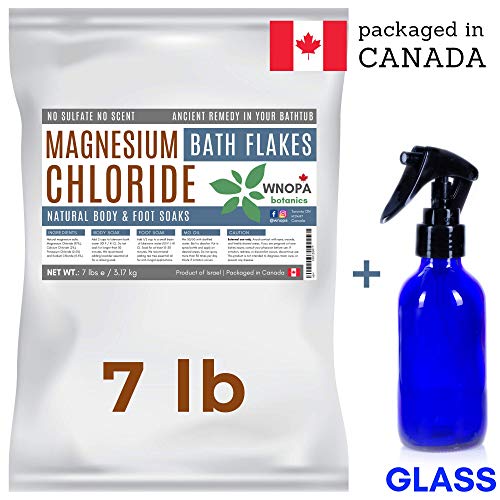 WNOPA Magnesium Salt Bath Flakes (7 lb) – Pure Magnesium Chloride Easier than Epsom Salts for Soaking – Extracted from the Dead Sea & Packaged in Canada – Bonus Glass Spray Bottle for Magnesium Oil