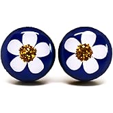 Stud Earrings, White Flower, Gold Sparkle, and Navy Blue 10 mm Round Studs for Women Men, Handmade Stainless Steel Posts for Sensitive Ears, Color Dot