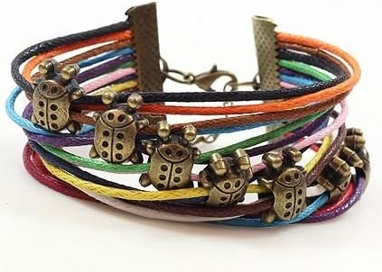 Rainbow Cotton Paraffined Rope Ladybug Adjustable Bracelet Wristband Comes with Wooden Textured Charms for Good Luck &amp; Repel Evil