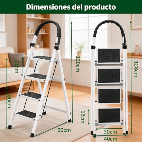Unicame Escalera Plegable para Casa,Escalera Plegable 4 Peldaños,Diseño Antideslizante,Diseño de Cierre de Seguridad,Escalera Tubular,Escalera de Tijera,para Hogar Oficina Almacén-Negro (Blanco)