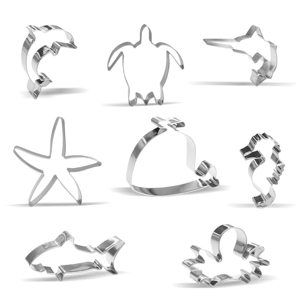 Sea Creatures Cookie Cutters - 8 Pieces - Shark, Octopus, Whale, Swordfish, Seahorse, Starfish, Dolphin, Turtle - Stainless Steel