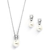 Mariell Pearl Wedding Necklace Earrings Set with CZ Crystal, Jewelry for Brides, Bridesmaid, Mother's Day