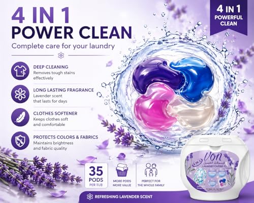 VON 4 in 1 Laundry Pods 35 Count Pack of 4 – 140 Pods Total | Powerful Laundry Detergent Liquid Capsules with Deep Clean, Stain Removal, Softener, Color Protection & Long Lasting Lavender Freshness