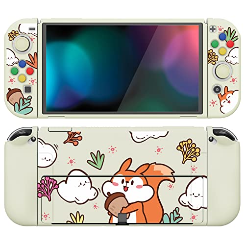 PlayVital ZealProtect Soft Protective Case for Nintendo Switch OLED, Flexible Protector Joycon Grip Cover for Switch OLED with Thumb Grips & ABXY Direction Button Caps - Squirrel with Acorn