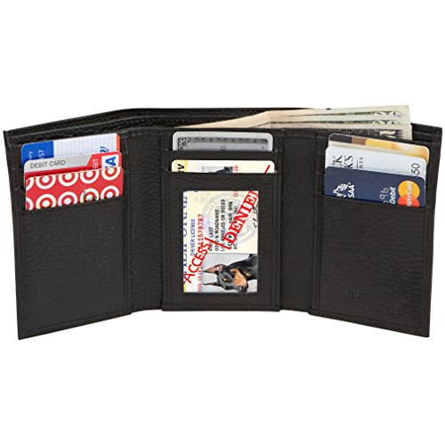 Access Denied Mens RFID Blocking Trifold Leather Wallet with ID Window (Black Pebble)