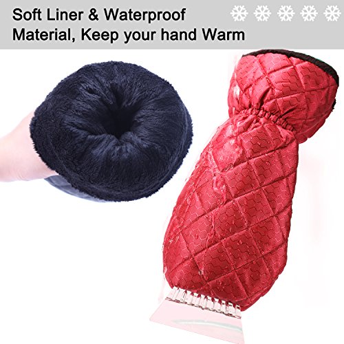 Ice Scraper Mitt For Car Windshield Snow Scrapers with Waterproof Glove Lined of Thick Fleece + Carry Pouch (Red) - Thumbnail 6
