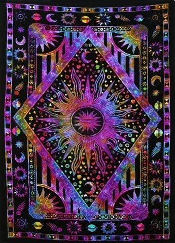 Tapestry Wall Hanging Burning Sun Tapestry, Celestial Sun Moon Planet Bohemian Tapestry Indian Hippie Tapestry Bohemian Bedspread Bedding Decor (Twin ( 54X85 inches approx), multi and purple)