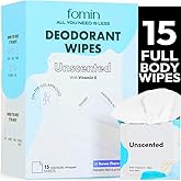 FOMIN Travel Deodorant Wipes - 15 Count - Unscented - pH Balanced, Hypoallergenic Mini Deodorant Wipes For Women and Men - Plastic-Free, Individually Wrapped Underarm & Body Wipe