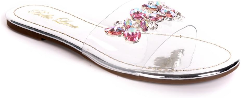 Urban Heel Women's Rhinestone Jeweled Clear Strap Sandal Slides