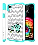 LG X Power Case, Style4U Cute Owl Studded Rhinestone Crystal Bling Hybrid Armor Case Cover for LG X Power with 1 Style4U Stylus [White / Teal]