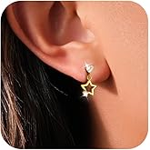 Star Moon Stud Earring for Women, 925 Sterling Silver Dainty Cubic Zirconia Heart Crescent Earrings to Daughter Mother 14K Gold Plated Teacher Hypoallergenic Drop Earring Birthday Wedding Jewelry Gift