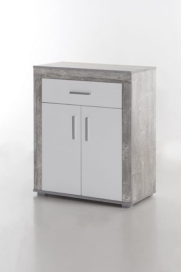 Schuhschrank, Kommode "Judy 2", Betonoptik Korpus, weiße Front