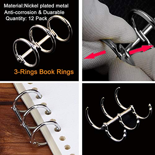WeiMeet 12 Pieces Metal Loose Leaf Binders 3 Ring Nickel Plated Book Rings Key Chain Rings for Notebook Documents Keys Photo Album(Silver)