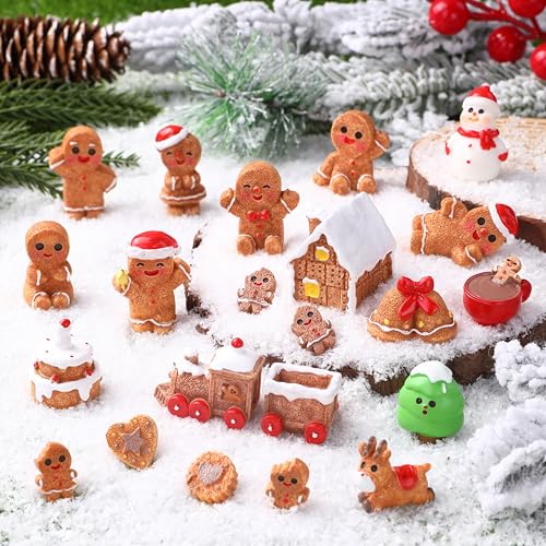 DULEFUN 22pcs Christmas Mini Resin Gingerbread Man Statue Small Tiny Miniature Xmas Statues for Dollhouse Micro Fairy Garden Decorations