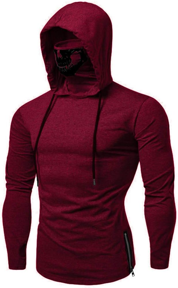 Mens Autumn Mask Skull Pure Color Pullover Long Sleeve Bottoming Hooded Sweatshirt Tops Blouse Outwear
