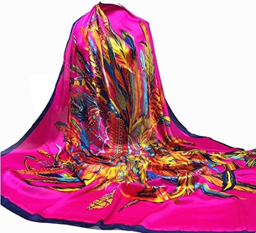 AutumnFall 140x140CM Square Women's Feather Printing Hijab Scarves Long Wrap Shawl Ladies Silk-Satin Scarf (Hot Pink)