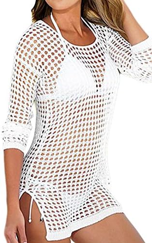 ZEAYEA Women's Lace Crochet Sheer Coverups Swimsuits Beach Dress Beachwear (White)