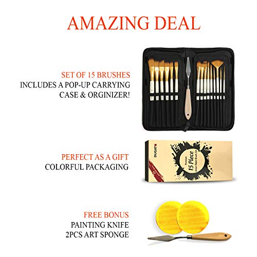 DUGATO Artist Paint Brush Set 15pcs Includes Pop-up Carrying Case with Free Palette Knife and 2 Spon - //coolthings.us
