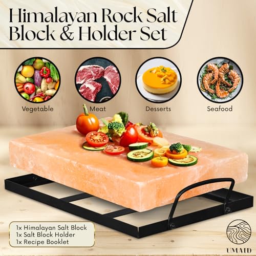 UMAID Himalayan Salt Block Cooking Plate 12x8x1.5 – Food Grade Pink Himalayan Salt Stone for Cooking, Grilling, Serving & Cutting – Includes Steel Tray & Grilling Recipe Booklet – Unique Gifts for Men & Dad Gifts for Fathers Day