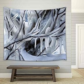 Beautiful Winter Frost Branch Closeup - Fabric Wall Tapestry Home Decor - 51x60 inches
