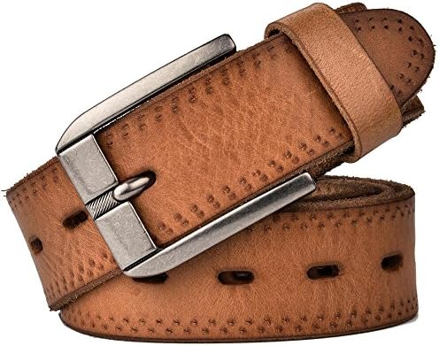 RADYMAN Washed Leather Men's Pin Buckle Belt Vintage Luxury Men's Full Grain (Waist 20-46", Light Brown)
