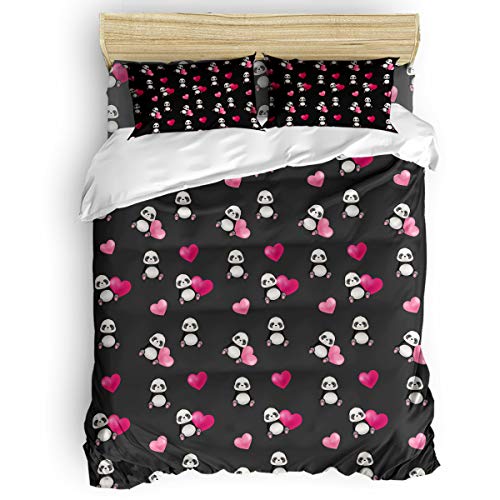 Bilagawa Cute Bed Sheet Sets Duvet Cover Set for Child Boys Girls,Cute Panda Heart-Shaped Happy Valentine's Bedding Set,Include 1 Flat Sheet 1 Comforter Cover and 2 Pillow Cases,Twin Size
