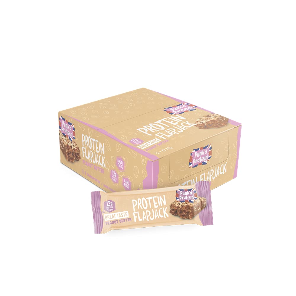 Punk'd Protein Flapjack Bars (Box of 12x e70g) - Pack of 12 Peanut Butter Flapjacks Multipack. Great Tasting Handmade Protein Bars with 12g Protein per Bar. Delicious Protein Snacks.