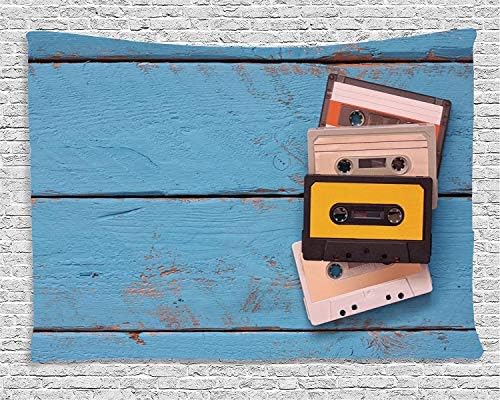 Tapestry Wall Hanging,Indie,Vintage Cassette Tapes on Aqua Wooden Table Close Up Photo Retro Music Old School Decorative,Multico ,Living Room Bedroom Dorm Decor Tapestries wall hanging 180 x 230 cm
