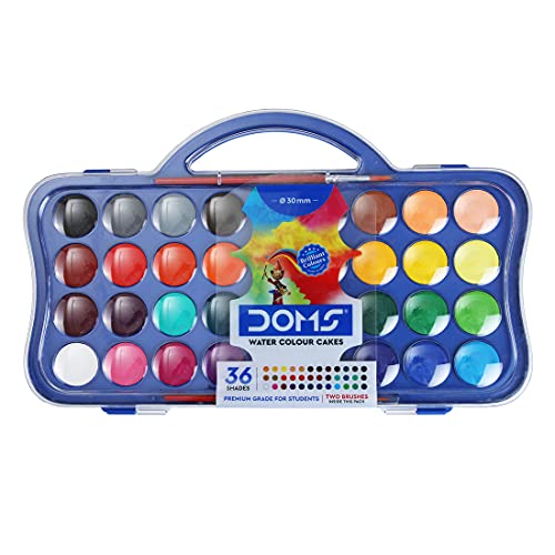 DOMS Non-Toxic 30mm Water Colour Cake Set with 2 Paint Brushes (36 Assorted Shades x 1 Set) (DM7130) DOMS Non-Toxic 30mm Water Colour Cake Set with 2 Paint Brushes (36 Assorted Shades x 1 Set) (DM7130)